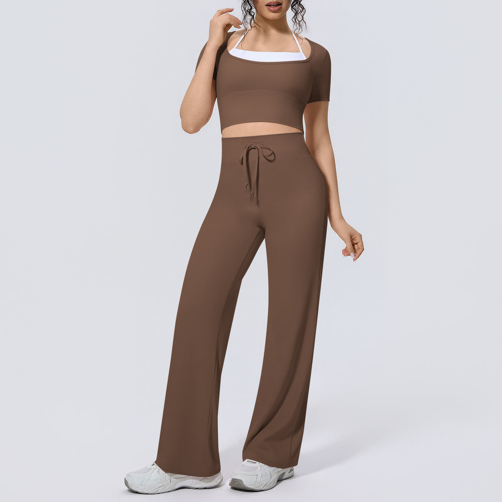 pure color double-piece nude high-elastic fake two-piece yoga suit sports running fitness short-sleeved two-piece set for women