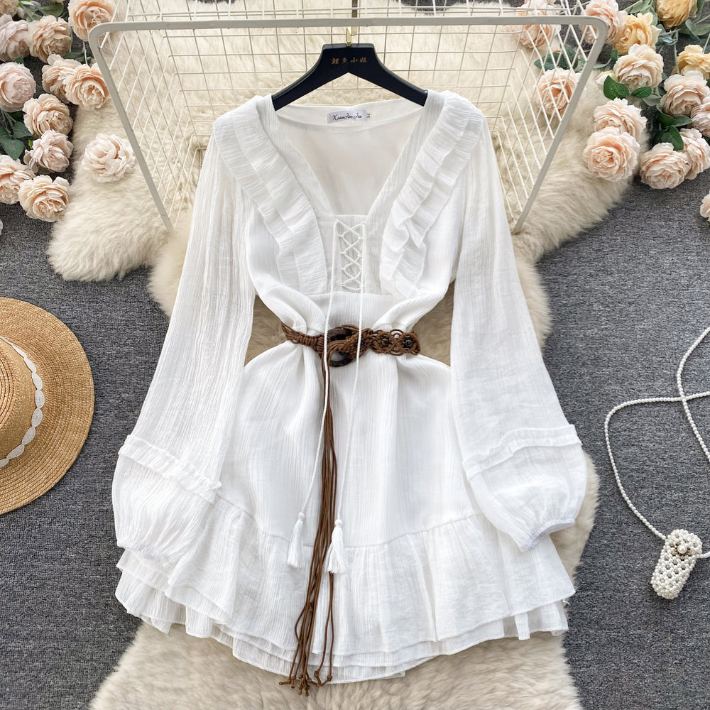 spring new arrival: sweet & chic vacation style - ruffled trim tie-waist bodycon mini dress with ruffle hem
