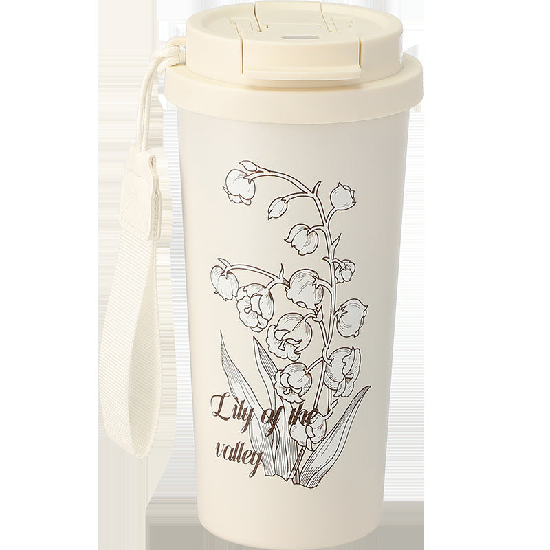 Creative artsyniche style lily of the valley coffee cup, straw, direct drinking, large capacity thermos cup, beautiful and portable satchel