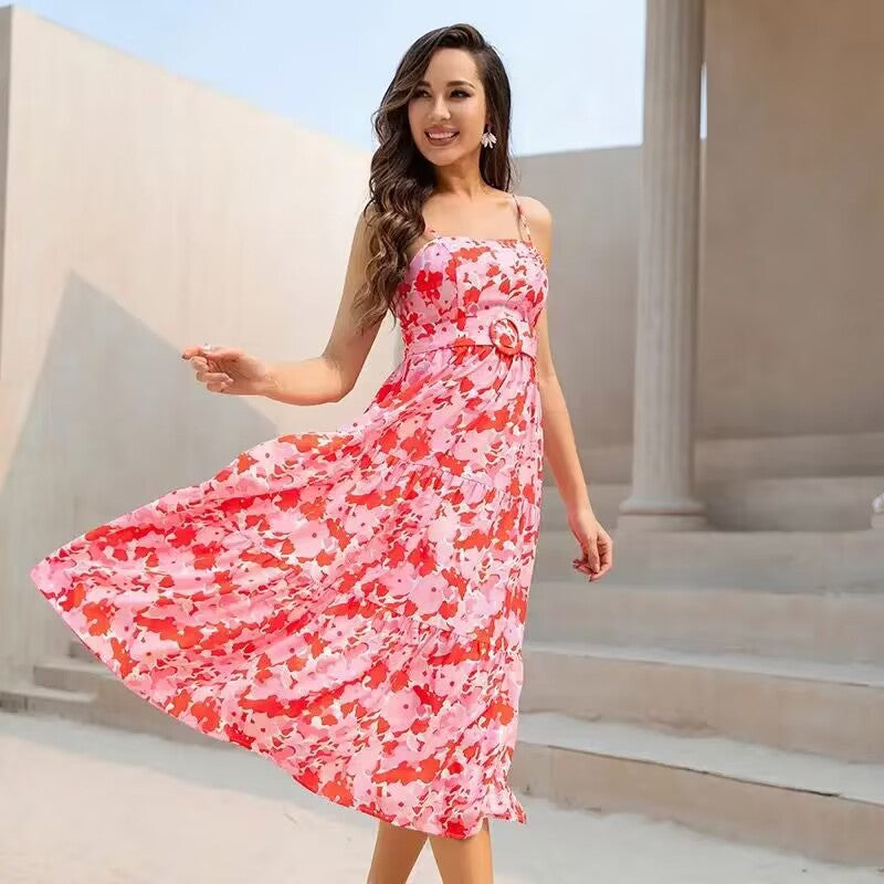 european and american   cross-border summer printed red spaghetti strap waist-cinched maxi dress