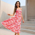 european and american   cross-border summer printed red spaghetti strap waist-cinched maxi dress