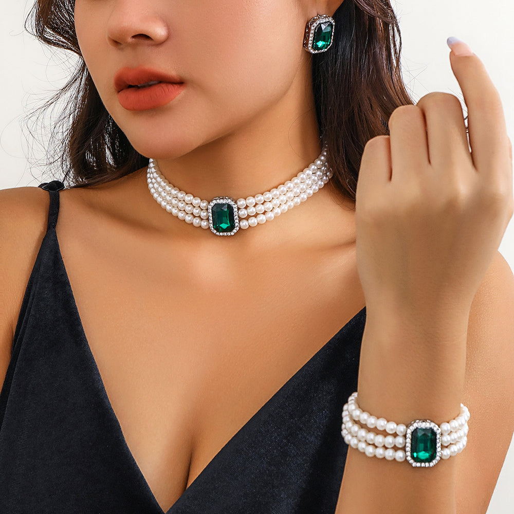 Imitation pearl necklace set wholesale - european & american cross-border jewelry - statement luxury gemstone choker necklace - vintage ring & bracelet set