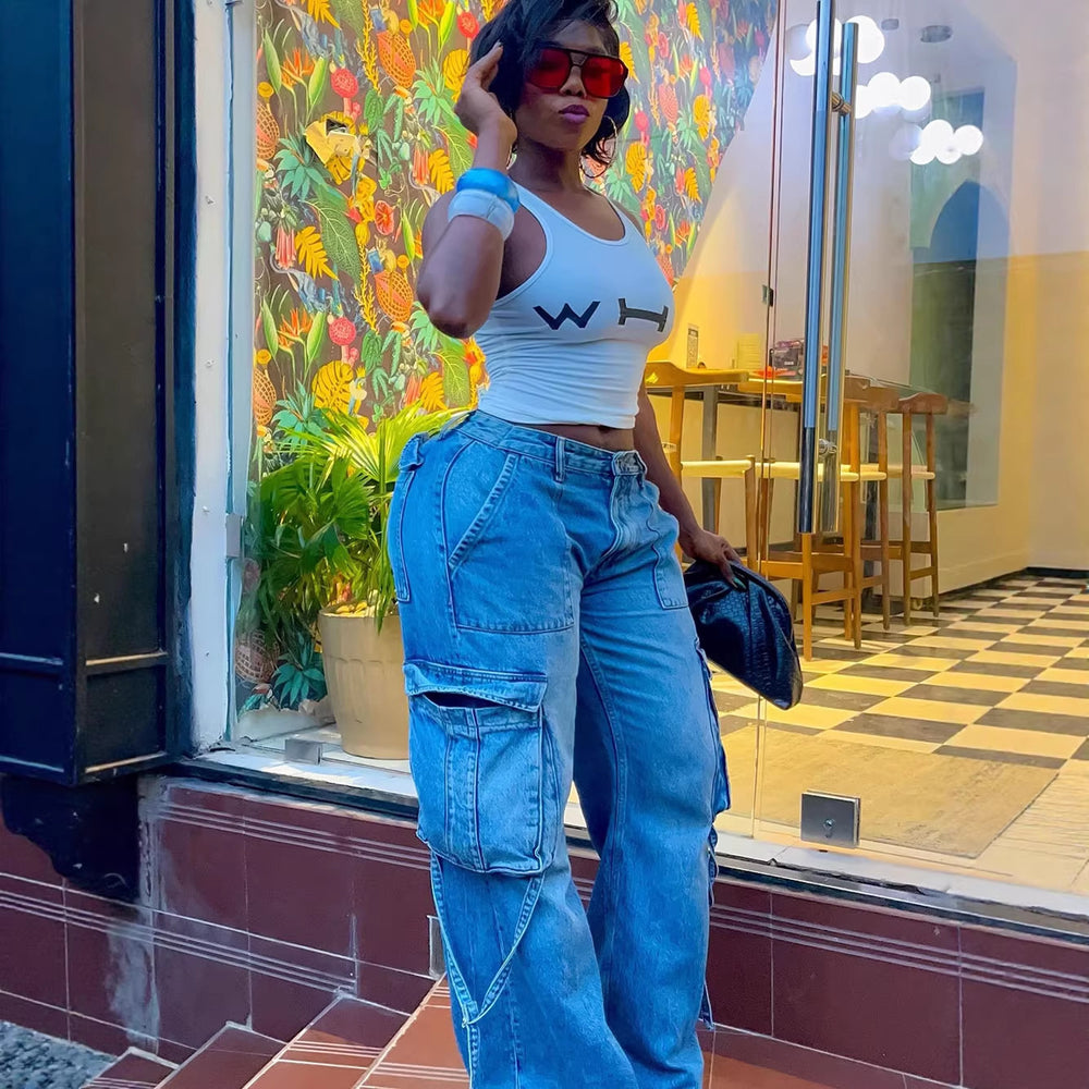 European and american style high-waisted jeans -  cross-border women's fashion, multi-pocket design, straight-leg cargo pants