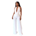 European and american sexy halter deep v top & chic white wide-leg pants two-piece set