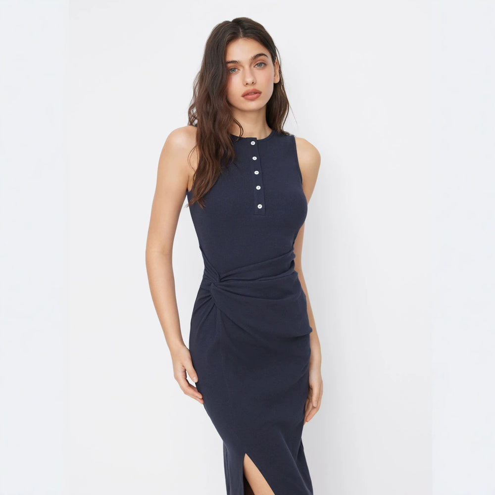 new arrivalsense of design side waist twist slit hip skirt round neck sleeveless button elegantknittingdress for women