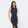 new arrivalsense of design side waist twist slit hip skirt round neck sleeveless button elegantknittingdress for women