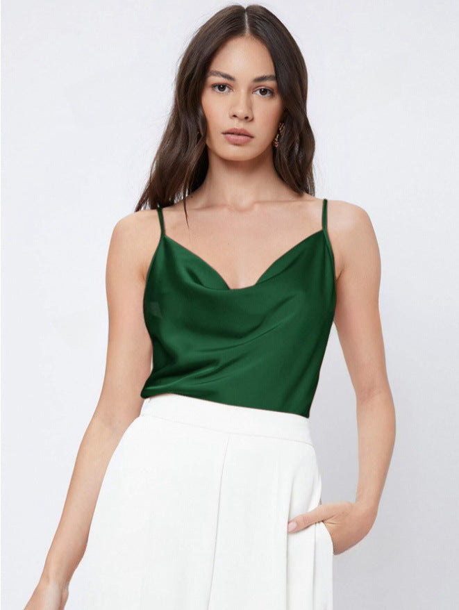 Suit with artificial silk satin suspenders women's stacked collar outwear sexy bottom swing collar short tops