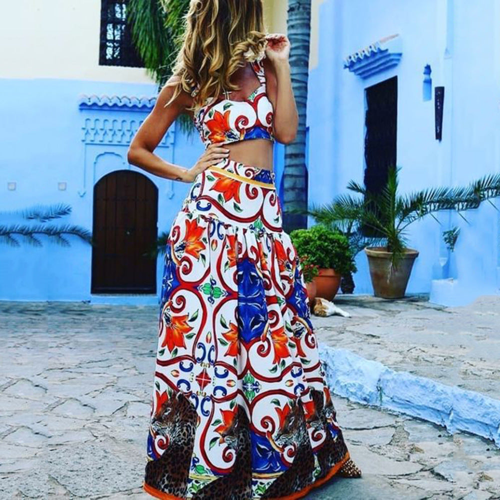 2025 spring/summer new european and american style women's sexy & chic camisole print dress set - beach dress two-piece outfit