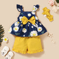 Baby girl summer outfit set: new european and american style, hot-selling sleeveless printed top + solid color lace-trimmed shorts with headband