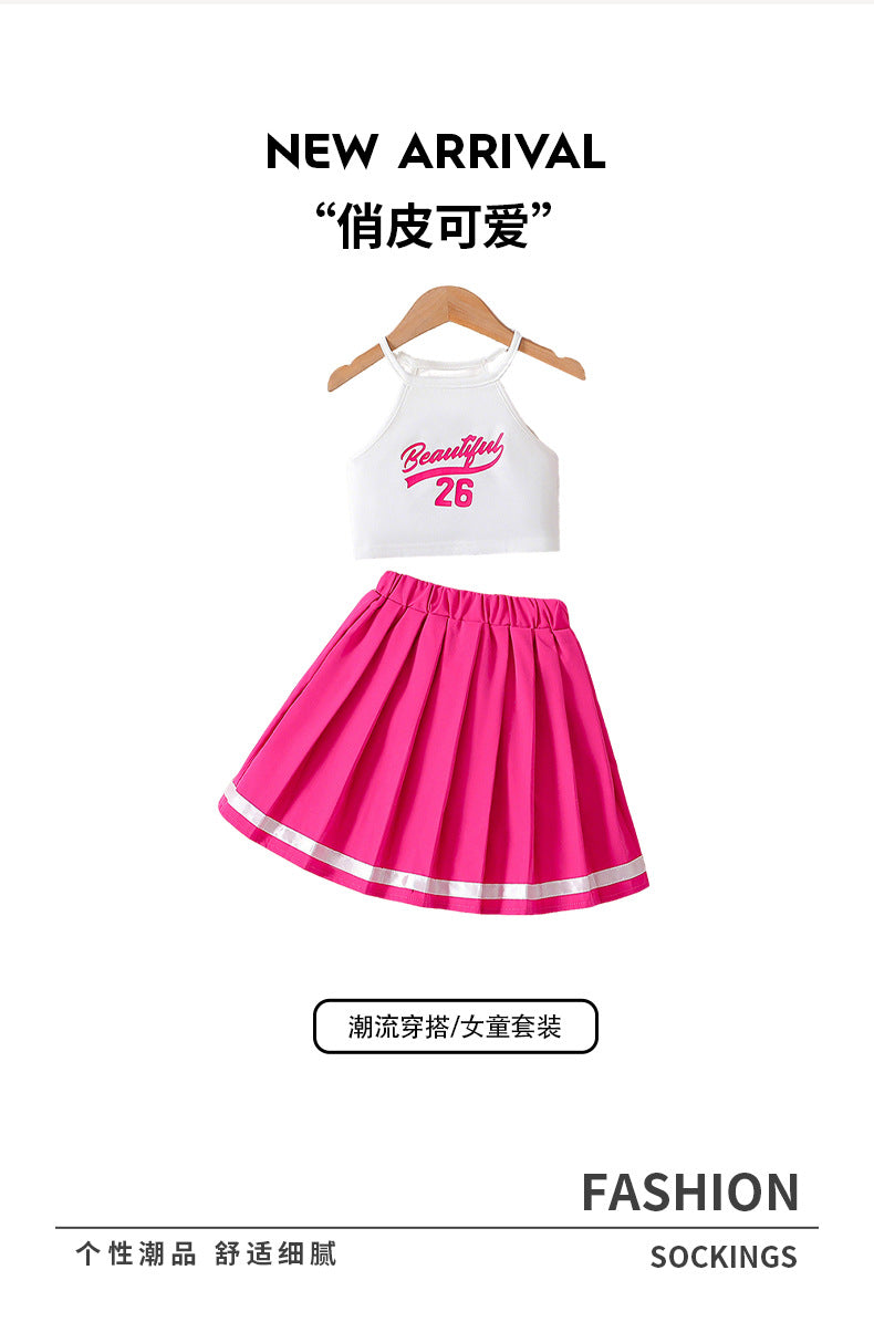 girls' cheerleading outfit set - pink pleated skirt with letter print tank top - performance costume, two-piece activewear for kids