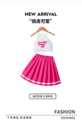 girls' cheerleading outfit set - pink pleated skirt with letter print tank top - performance costume, two-piece activewear for kids