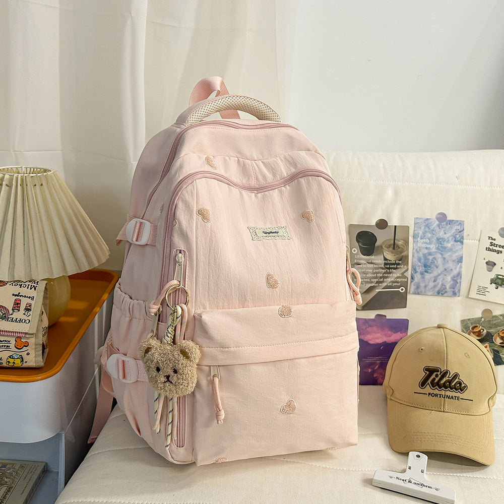 Heart embroiderypure color backpackcute style junior high school and college student backpack macaron color large capacity school bag