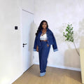 Fashion cross-border  direct sales new arrivalfashion women's lapel button retrolong sleevesworkwear denim pants cover