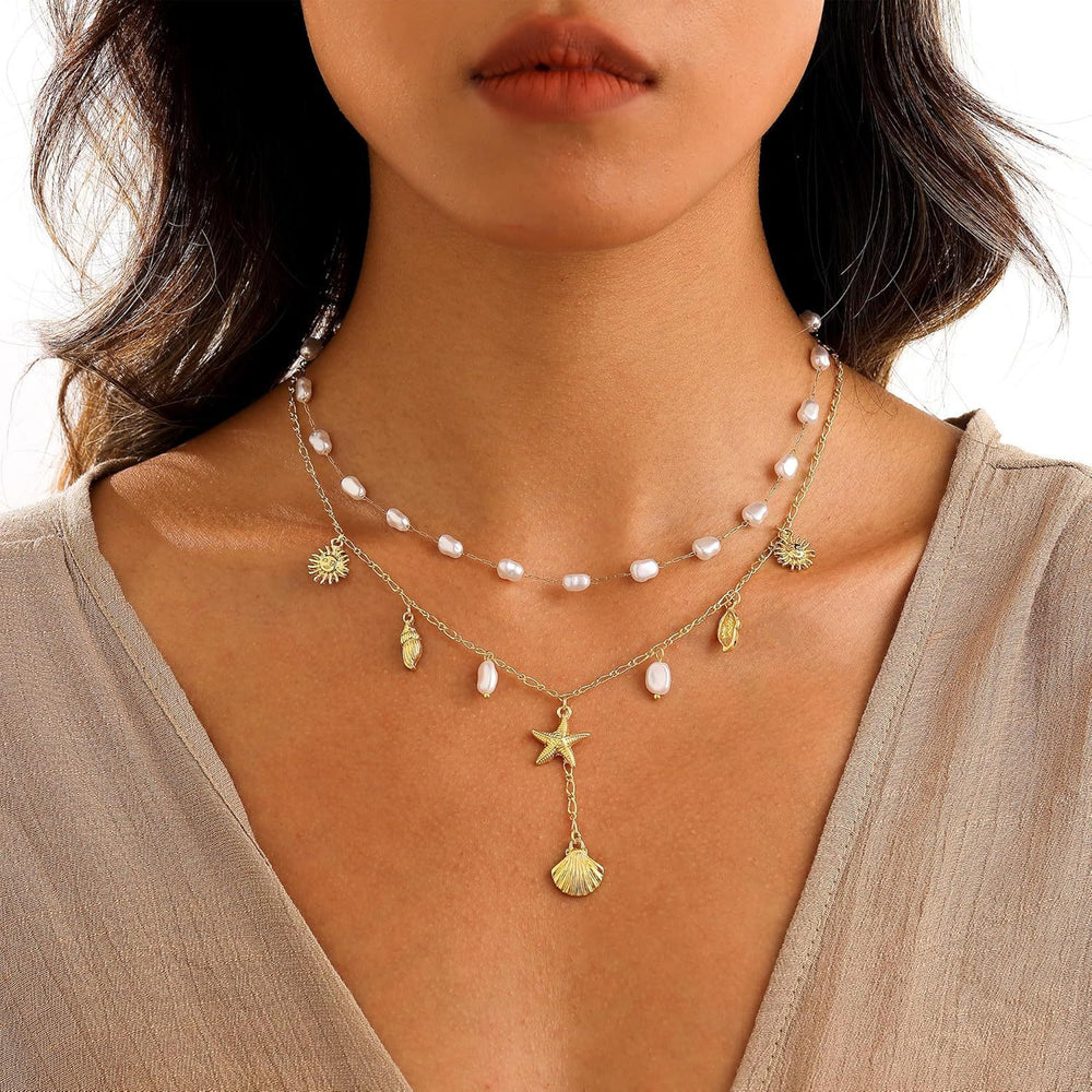 European and american beach ocean style stainless steel starfish seashell pendant necklace women's pearl choker designer necklace