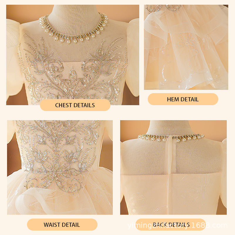 Wholesale girls' formal dress - summer style, train, bubble sleeves, high-end, piano recital, runway, chic & elegant dress
