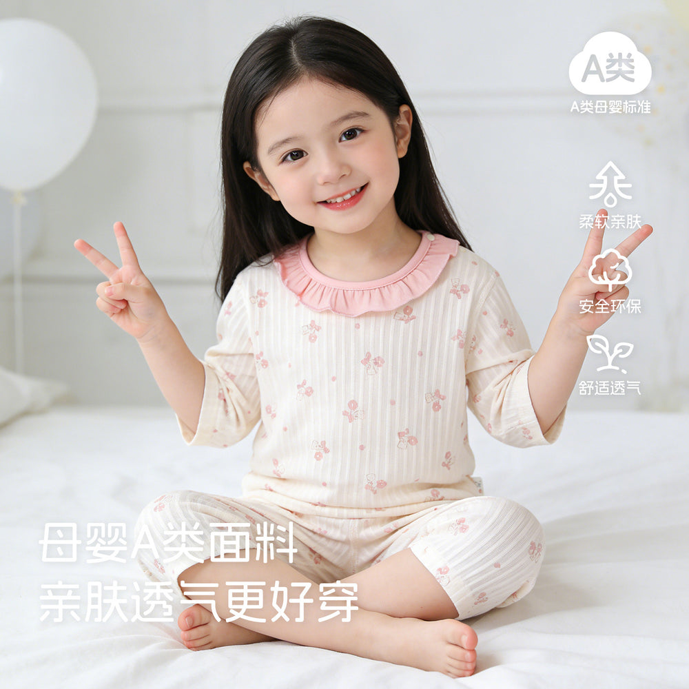 A-grade pure cotton summer lightweight pajamas, kids' loungewear, summer boys' and girls' three-quarter sleeve air conditioning suit, two-piece set