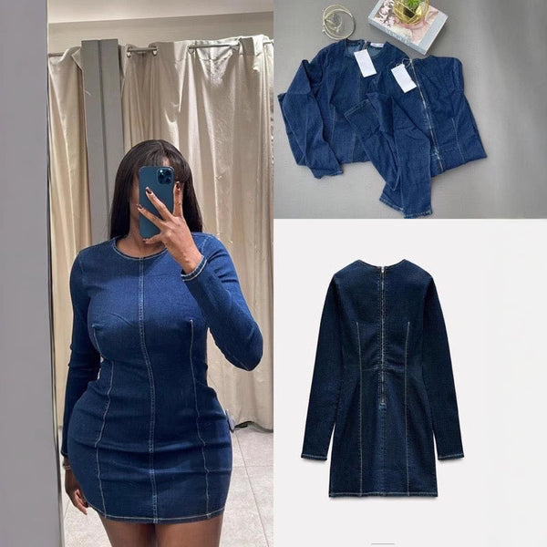 European and American new women's clothing solid color round neck long sleeve waist hip denim dress wholesale