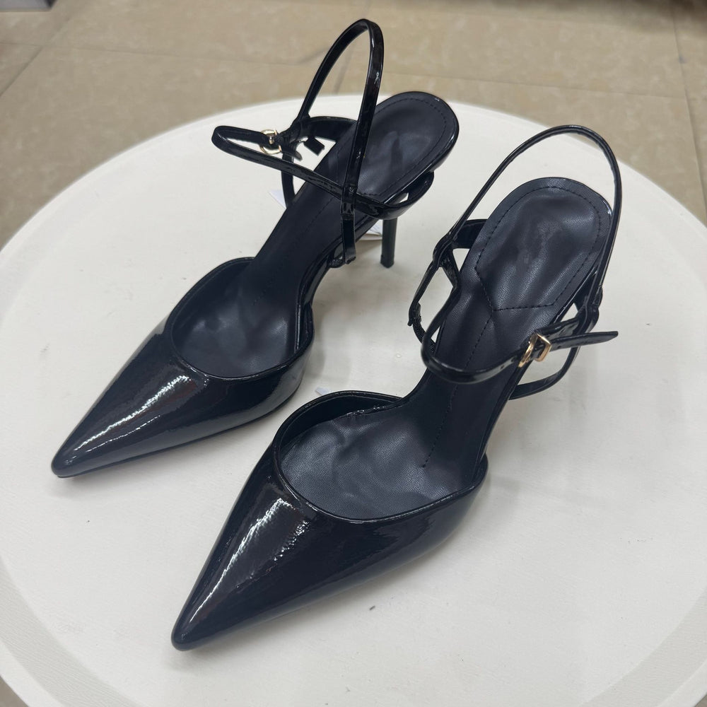Spanish summer new arrivals: women's patent leather-effect pointed-toe high heel slingback mules with decorative straps and cutout detail