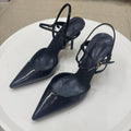 Spanish summer new arrivals: women's patent leather-effect pointed-toe high heel slingback mules with decorative straps and cutout detail