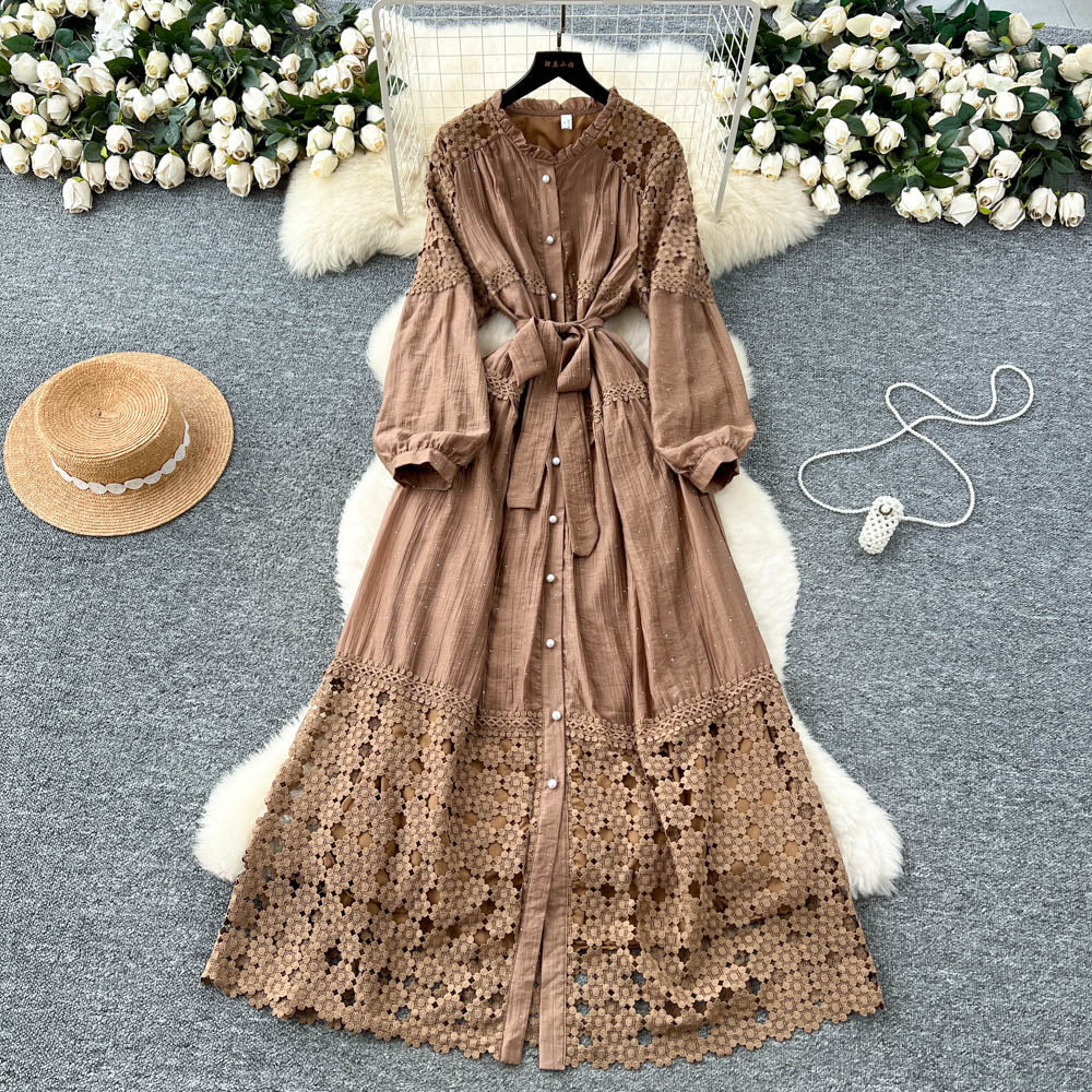 French retroelegancedress women's new arrivalclassy lacepatchwork strap waist elegant long skirt