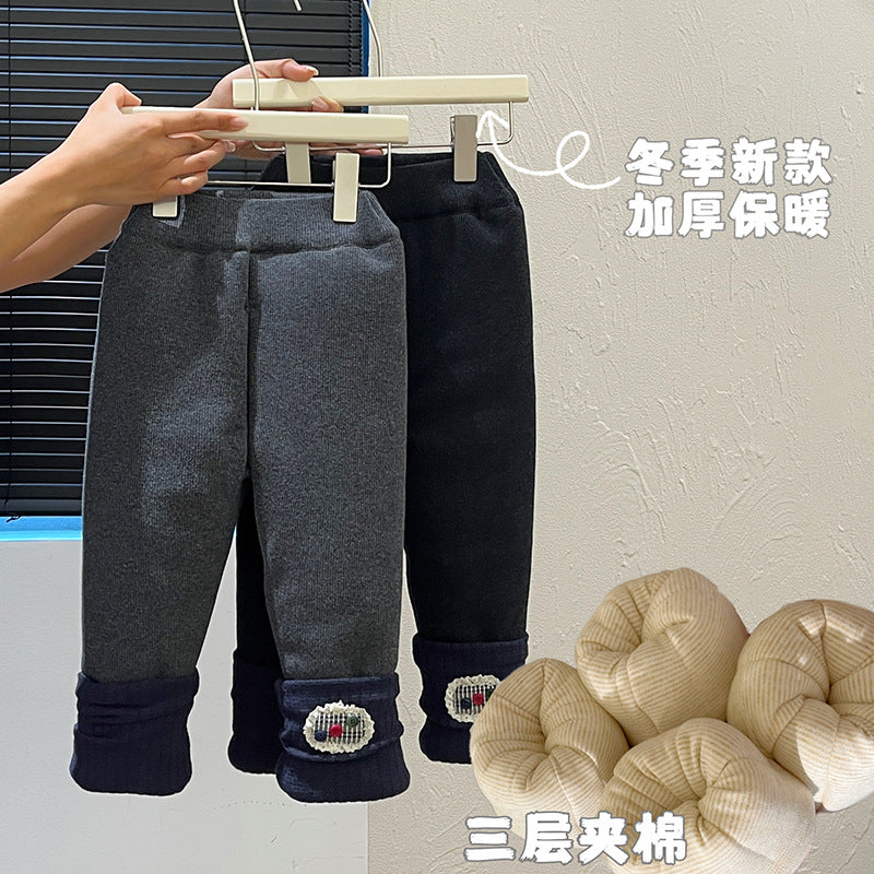 Girls' autumn/winter three-layer quilted thickened leggings, korean style warm pants for babies, trendy children's outerwear