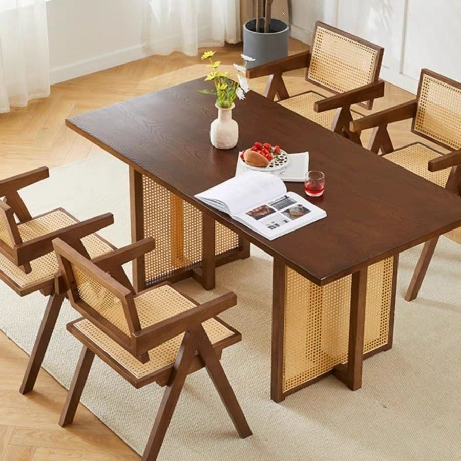 Japanese-style solid wood dining table, small apartment rattan woven table, minimalist rectangular b&b nordic dining table and chair set