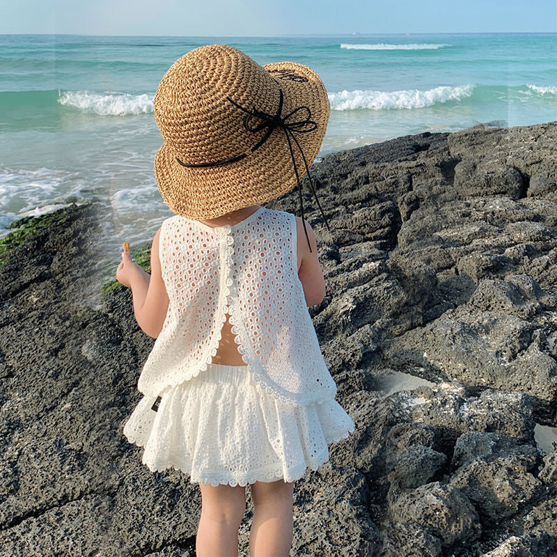 Girls' hollow-out tank top and skirt set - summer kids' open-back two-piece outfit - breathable, casual, and versatile
