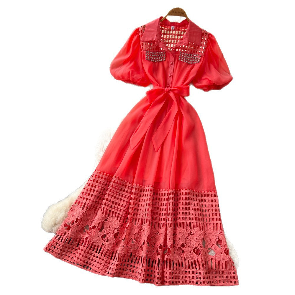 French yellow cut out short sleeve tie backdress women's summer accessible luxuryelegant style a-line work clothing long skirt