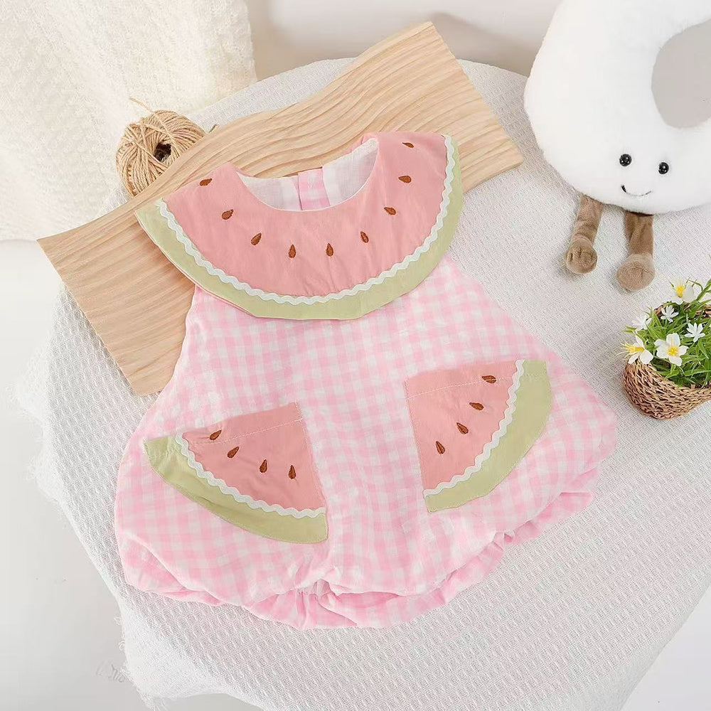 Cute and sweet summer outfit : stylish new cartoon baby girl's super adorable watermelon sleeveless summer romper for infants and toddlers