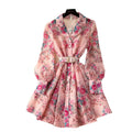 European and american style high-end blazer collar tie-waist printed dress - women's elegant french-inspired formal mini dress