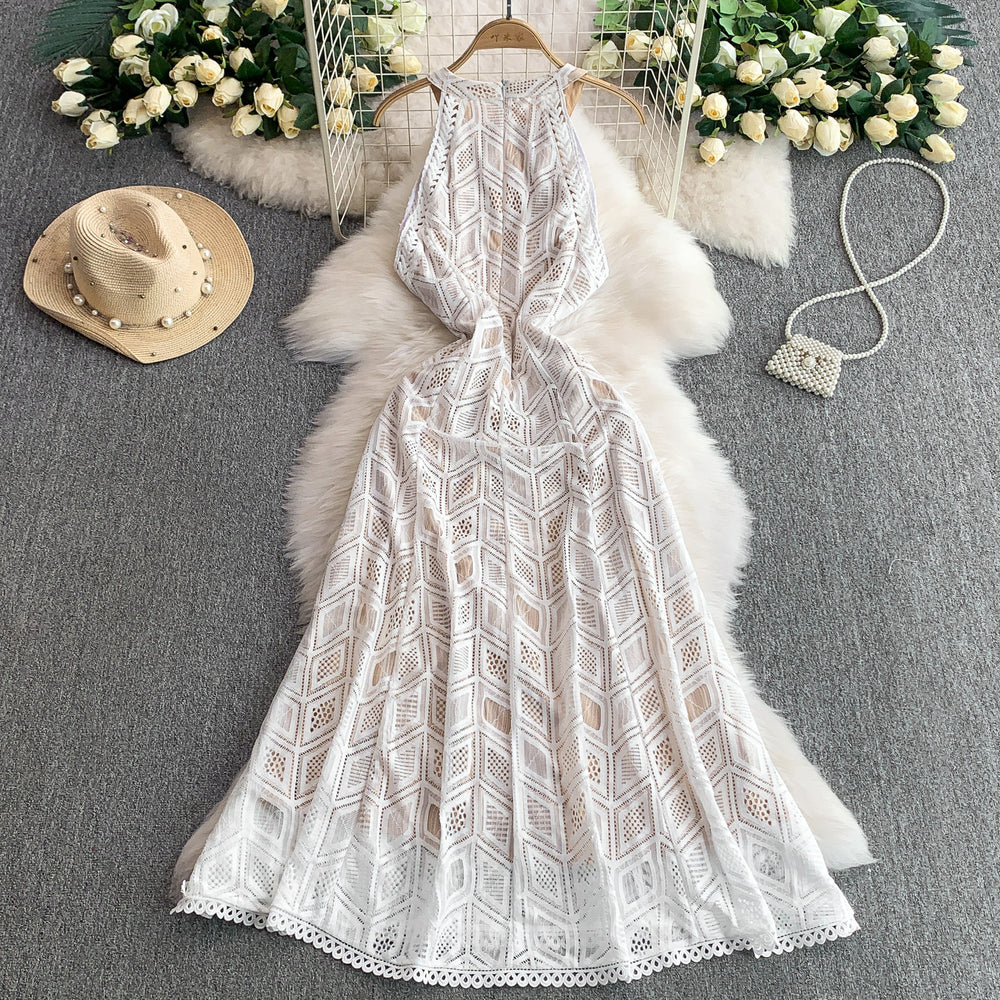European and american fashion hollow-out lace round neck sleeveless dress - women's summer high-waisted slimming beach vacation style sundress
