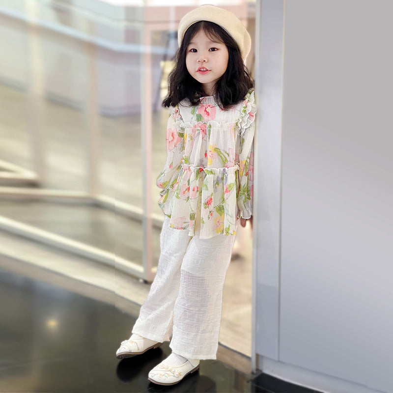 Girls' chiffon outfit set - autumn  collection: korean & japanese style floral print, long sleeve baby clothes wholesale