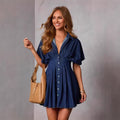 European and american new arrival cross-border  independent station elegant waist-defining women's denim short-sleeve fashion dress
