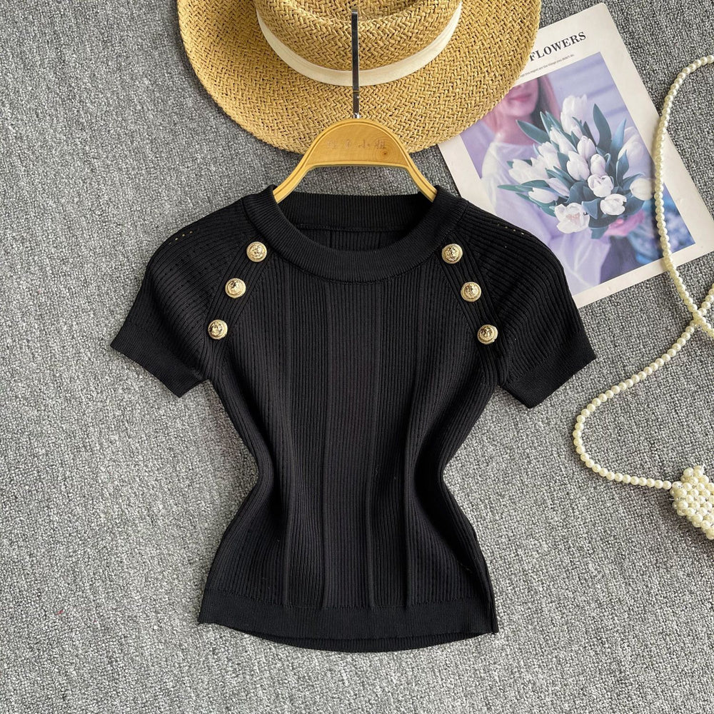 Fashion hot girl knitting round neck t-shirt women's summer thin shortslimming looksense of designeasiest for match fried street pure desiretops