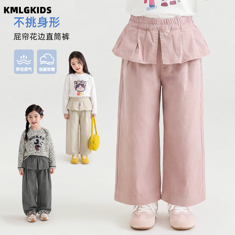 autumnew arrivalgirl side curtain lacestraight-leg pantsk-styleeasiest for matchcasualfashionruffles pants