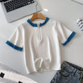 Korean style color block knit top - women's summer short sleeve crew neck half-zip cardigan - versatile, trendy, and designer-inspired top