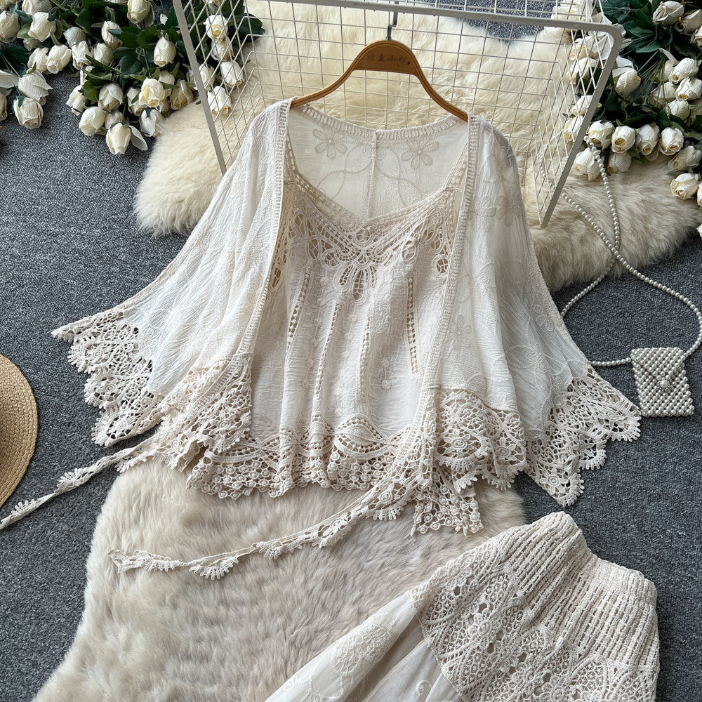 French chic lace cutout two-piece set for women - autumn 2026 elegant fashion outfit - white high-waisted set