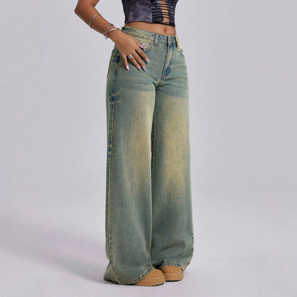 Fashionjeans women's yellow mud distressed gradient washed high waist wide leg mop pants cross-border loose denim pants