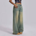 Fashionjeans women's yellow mud distressed gradient washed high waist wide leg mop pants cross-border loose denim pants