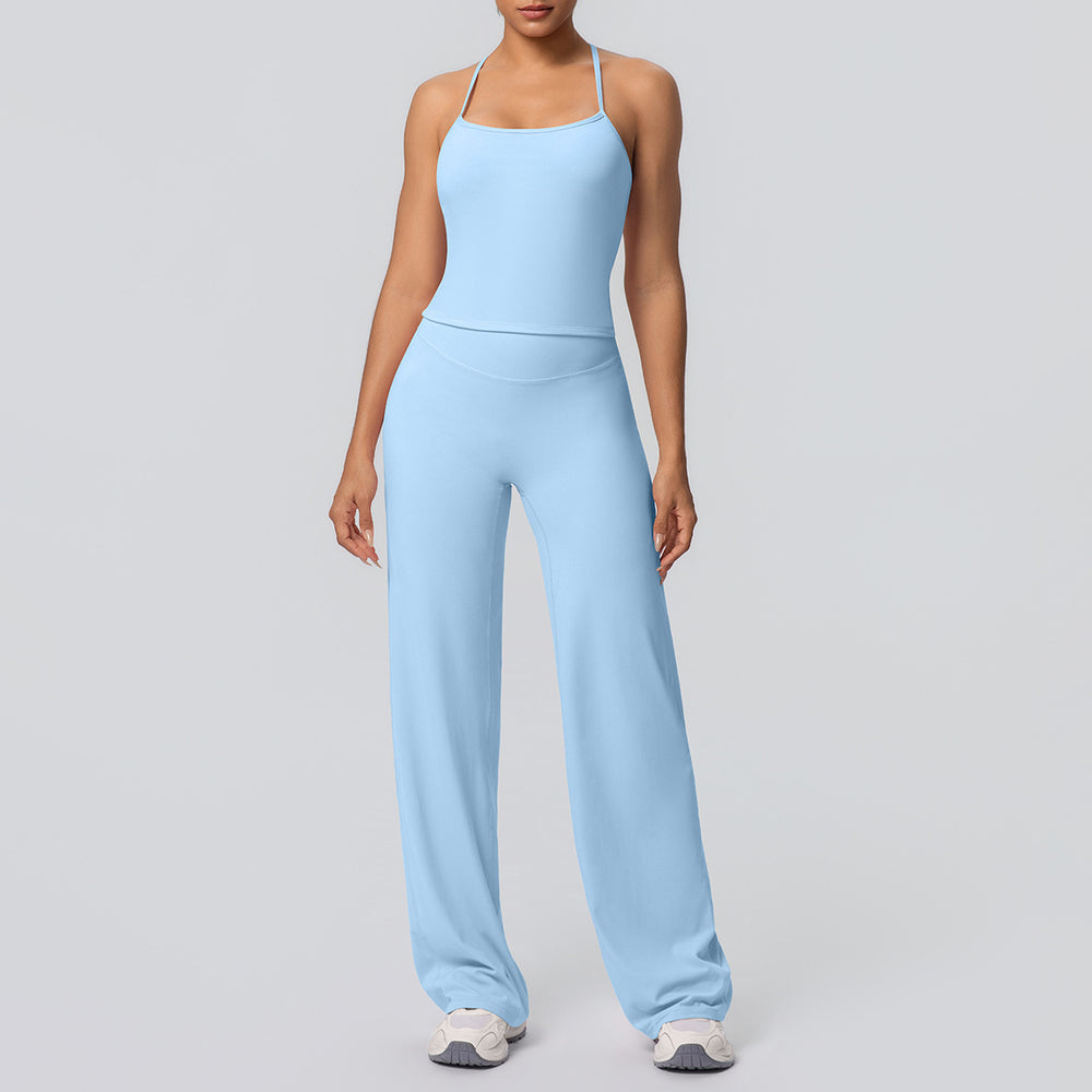Ready-to-ship cross-border seamless double-sided nylon bra & leggings set - wide leg yoga outfit for running and fitness (two-piece)