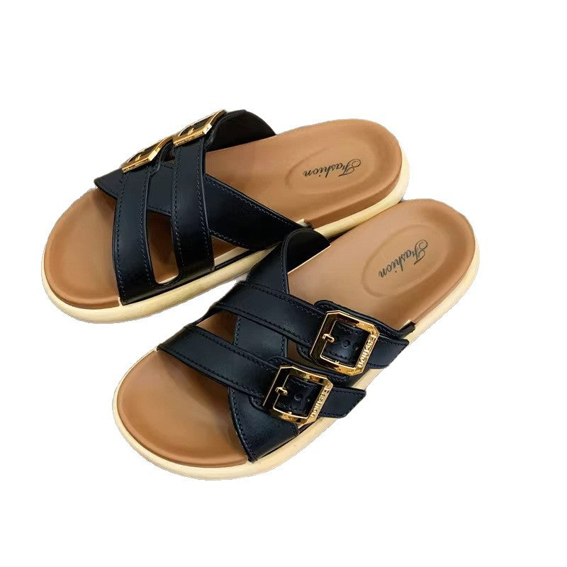 New summer women's platform flip-flops: stylish, versatile, casual beach sandals with double buckle – 2026 collection
