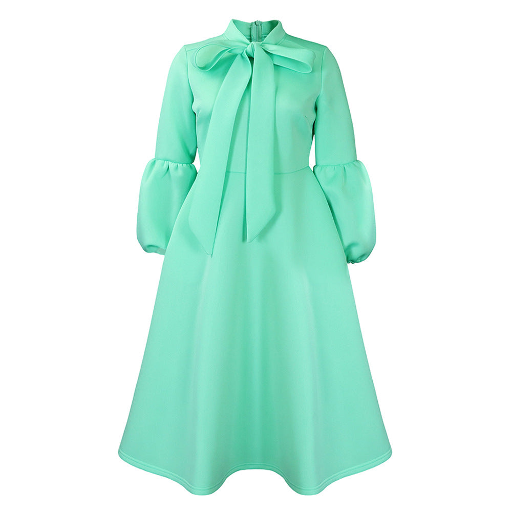 Plus size women's winter puff sleeve tie-waist bow detail maxi dress - european & american style evening gown for export independent stores