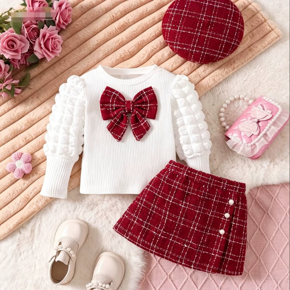 girls' chanel-inspired outfit: autumn/winter puff sleeve knit top, tweed skirt, and beret three-piece set