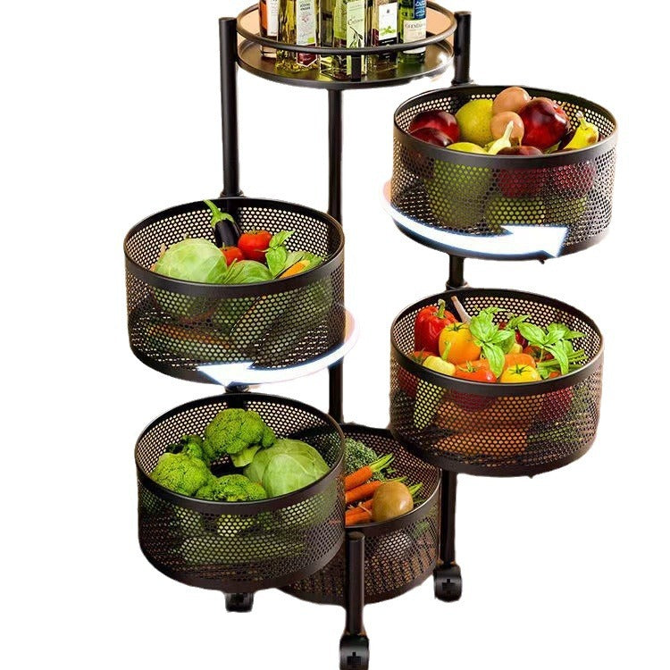 Kitchen rotating multi-functional storage rack, household floor-standing multi-tier snack cart, fruit and vegetable basket organizer