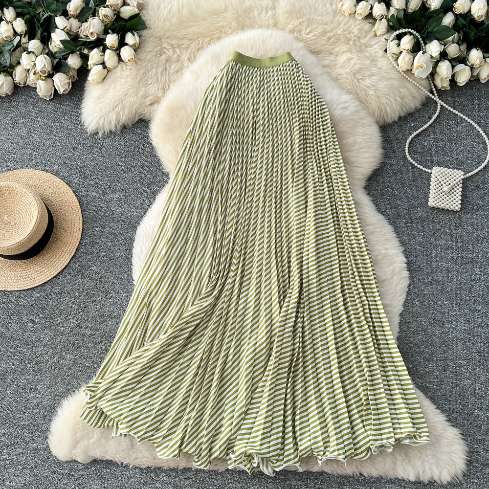 Korean style high-waisted a-line striped patchwork midi skirt - new 2025 collection, versatile striped design with a flowy drape