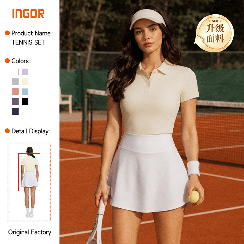 Summer t-shirt tennis wear, quick-drying, breathable, high-waisted sports skirt, running yoga anti-exposure tennis skirt suit for women