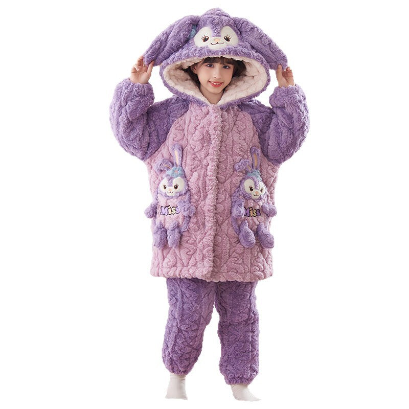 【triple-layer quilted, fleece-lined, extra thick】winter kids' quilted pajamas - girls' coral fleece, triple-layer fleece-lined, extra thick