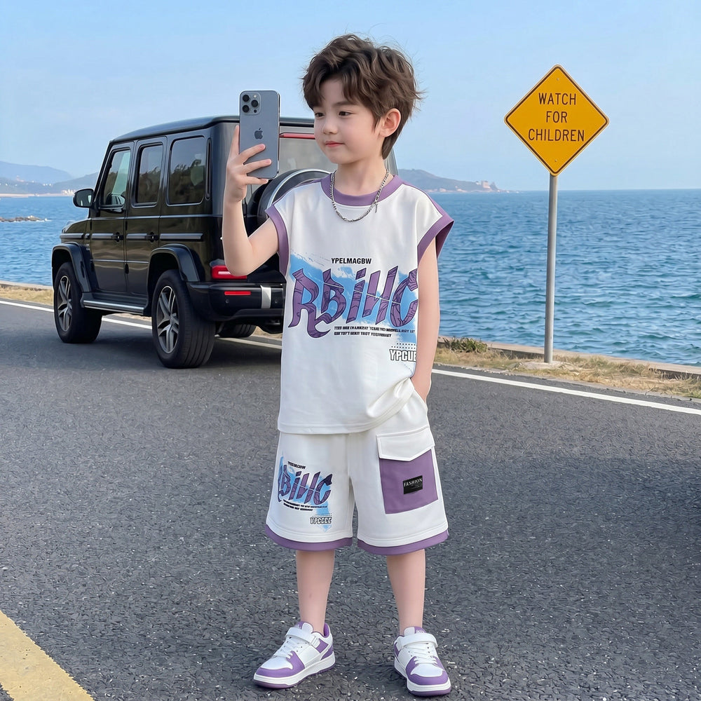 Boys' summer sports outfit  new style kids sleeveless tank top two-piece set, cool and trendy summer clothes for older boys