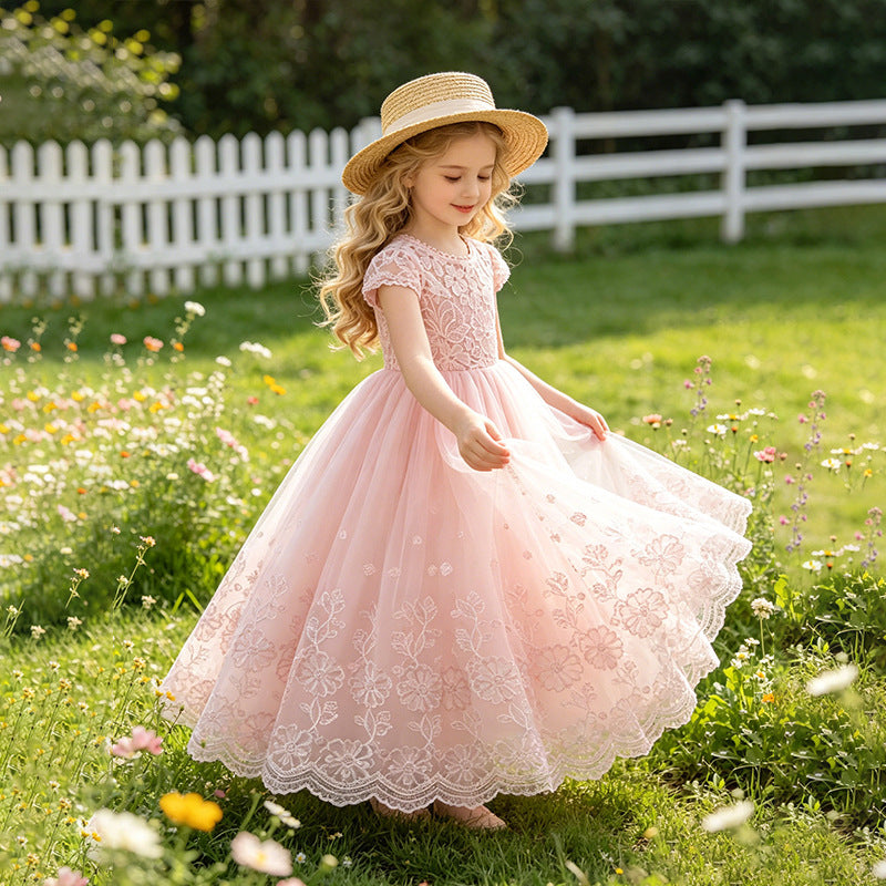 Amazon kids lace patchwork dress flower girl wedding dress short sleeve girls princess dress cross-border ready stock wholesale