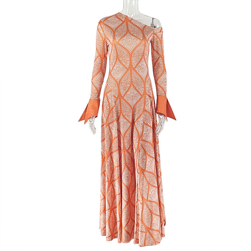 European and american style ins cross-border slimming fresh women's clothing pleated elegantwork clothing a-line skirt one-shoulder collar diagonal long sleevesdress